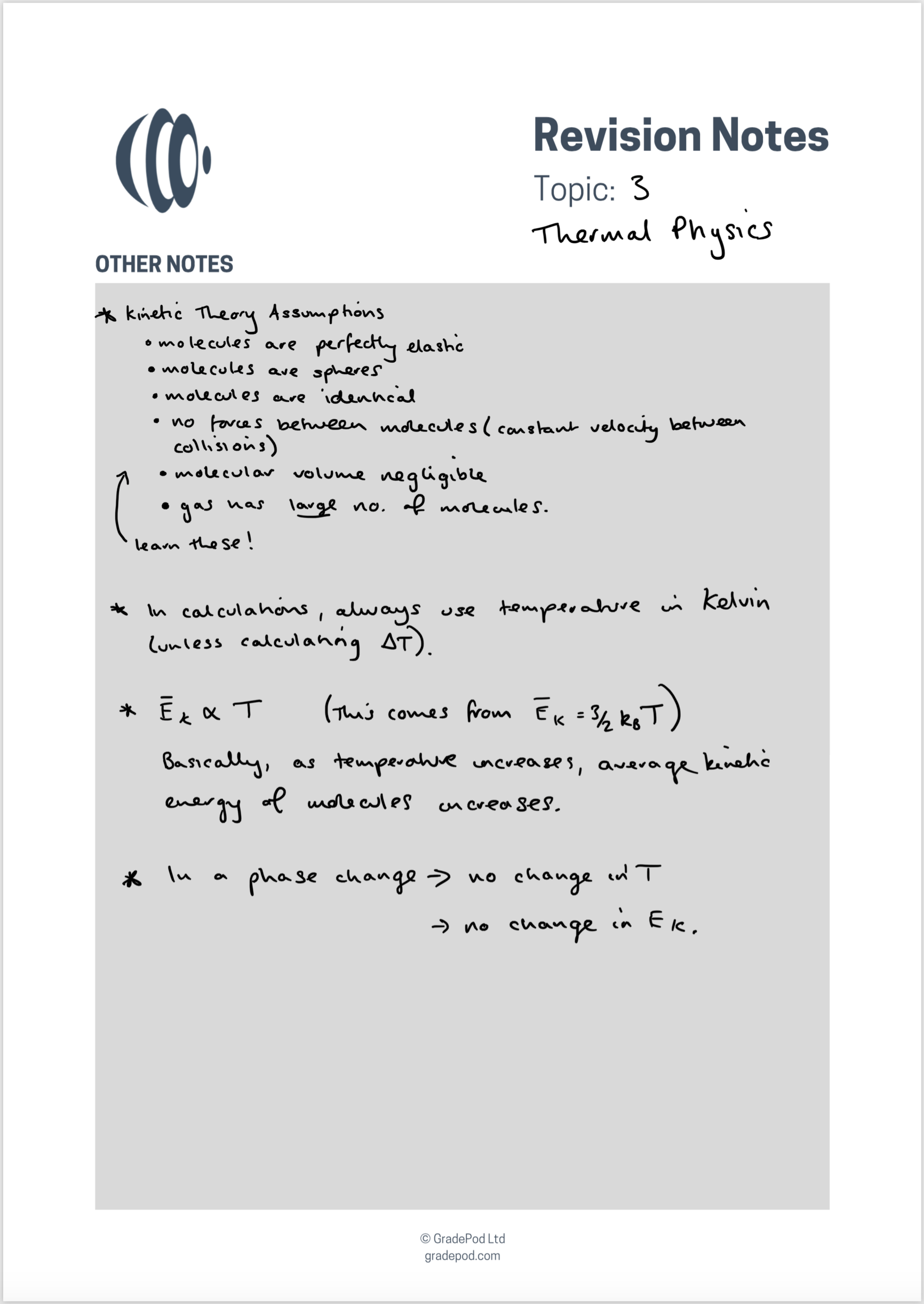 Page 3 of completed IB Physics revision notes for Thermal Physics, showing the other notes section with kinetic theory and related points.